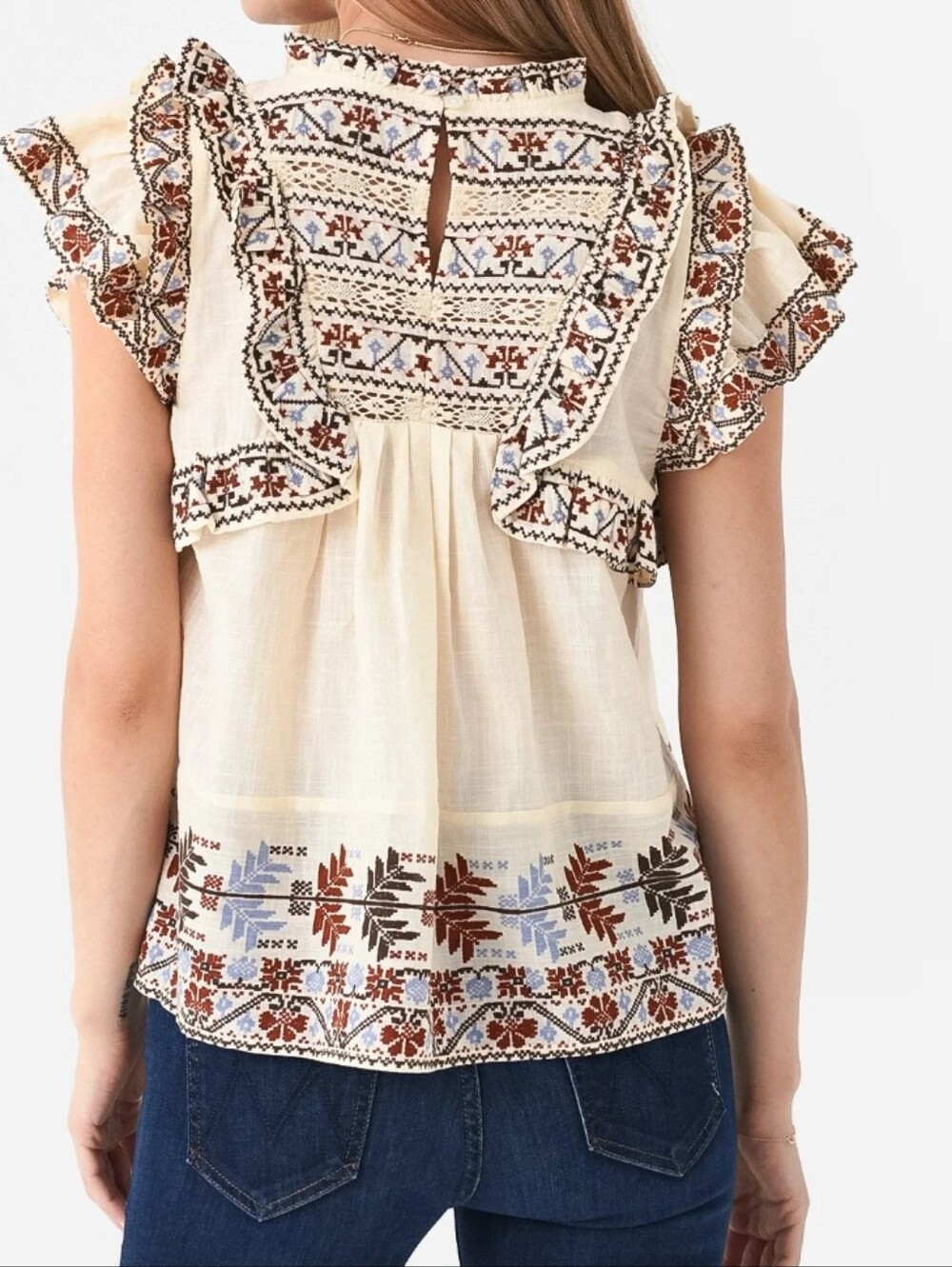 SEA Women's Ellabeth Flutter Sleeve Top - Cream with Brown Embroidery